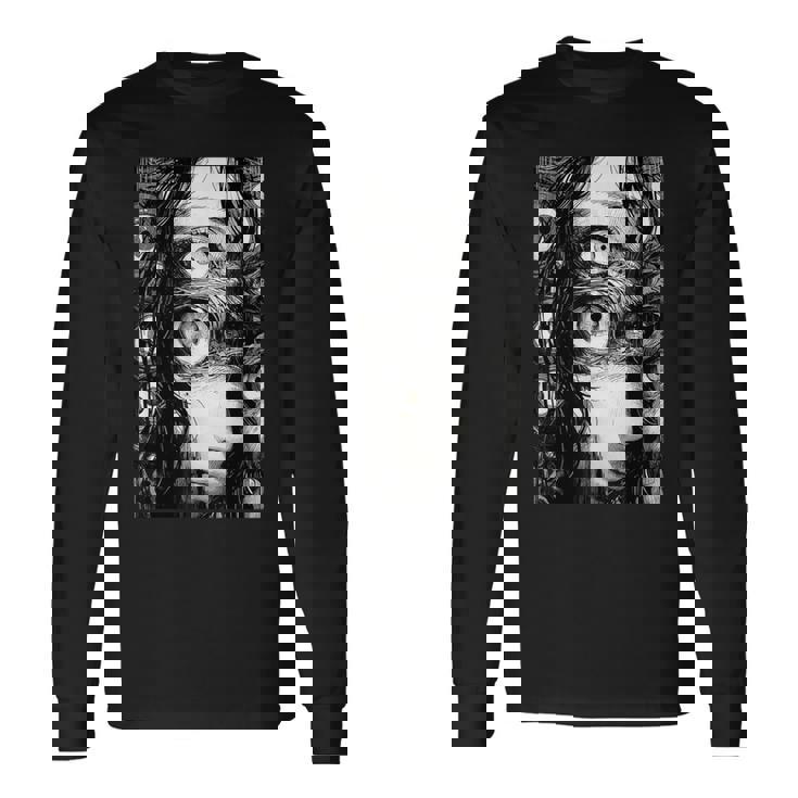 不気味な漫画 少女 怖い目 ホラー ハロウィン 恐ろしい 長袖Tシャツ