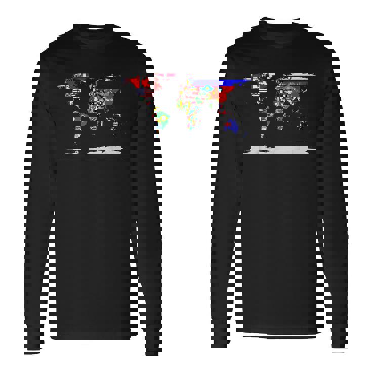 世界地図と世界の国の旗 長袖Tシャツ