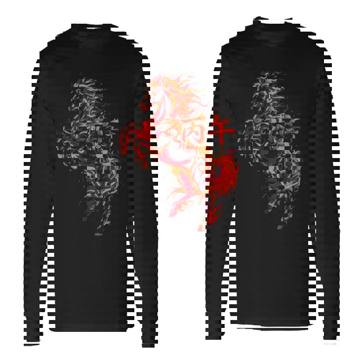 丙午 火の馬 墨絵 ストリートアート 筆文字 和柄 漢字 グラフィック 赤い炎 デザイン 日本風 長袖Tシャツ
