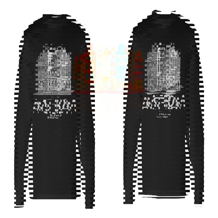 夜のアムステルダム-オランダオランダ-アムステルダム 長袖Tシャツ