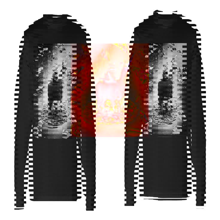 宇宙 猫 ライディング ラマ ユニコーン ピザ 長袖Tシャツ