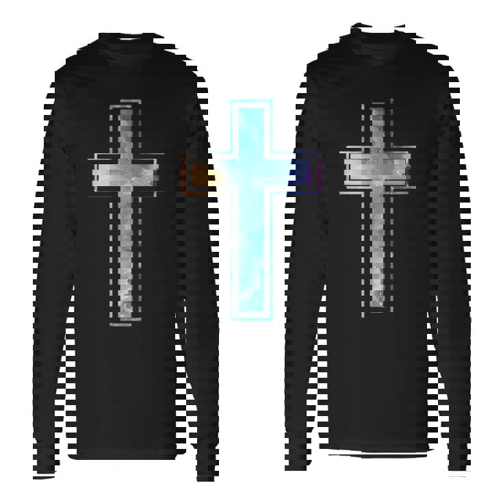 宗教のシルエット 信仰 水彩 キリスト教 十字架 長袖Tシャツ