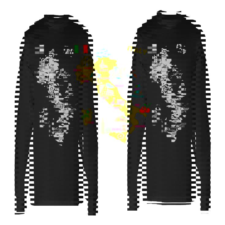 手描きのイタリア地図 観光地 長袖Tシャツ