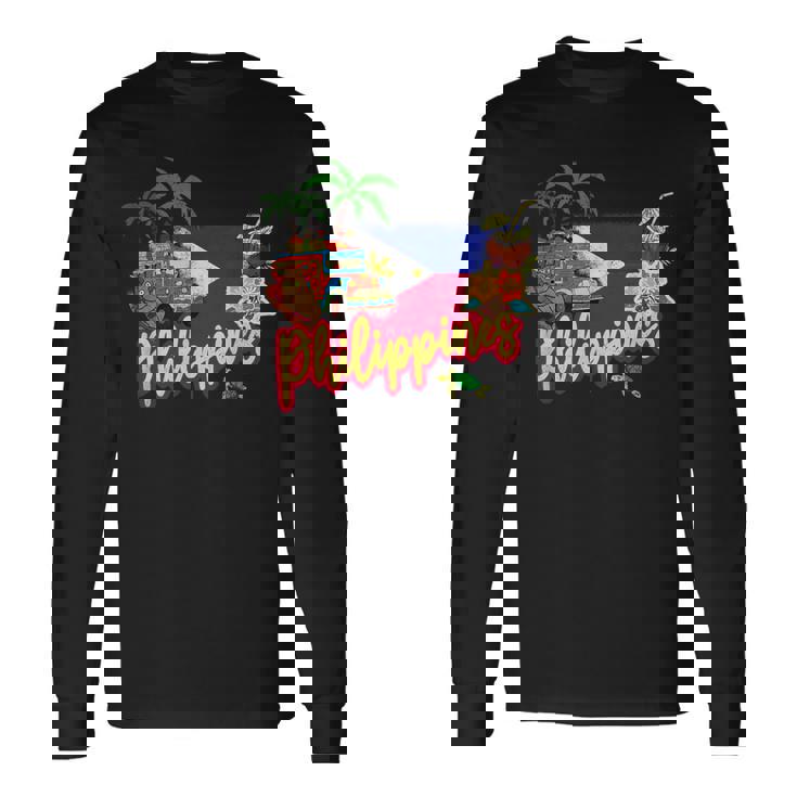 旗のヤシの木のお土産とフィリピンのヴィンテージメガネザル 長袖Tシャツ