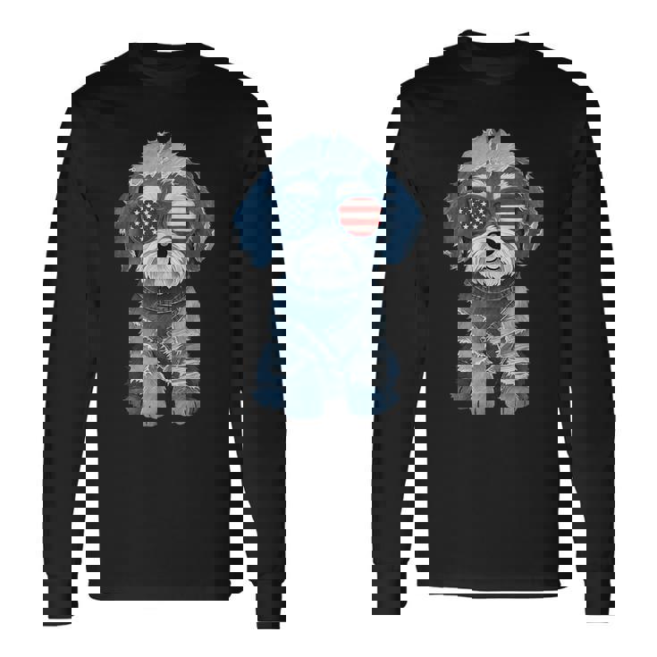 犬 柄 デニム パッチワーク アート 長袖Tシャツ