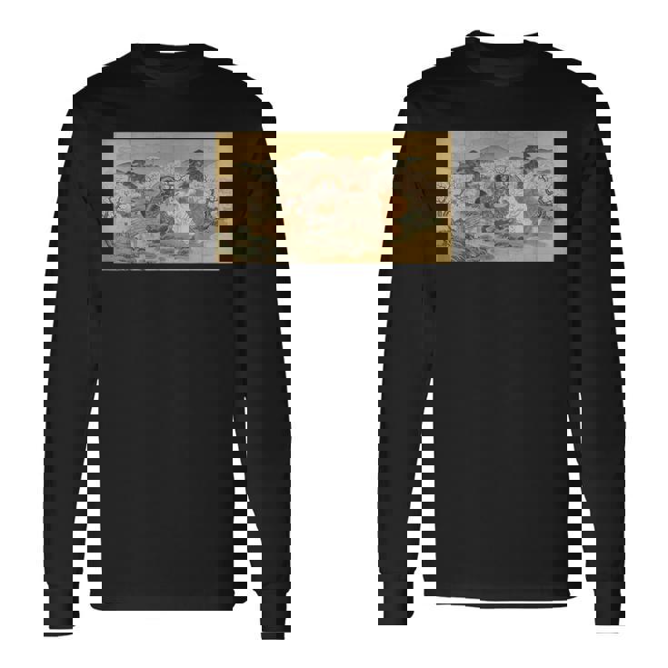 狸 狐 屏風絵 日本画 たぬき きつね 長袖Tシャツ