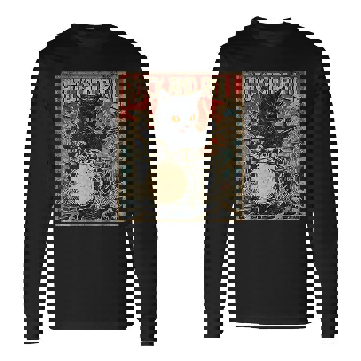 猫 演奏 ドラム ロック オン ヴィンテージ ロック ドラマー 猫 長袖Tシャツ