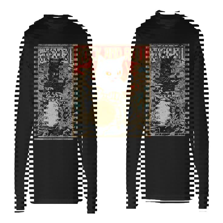 猫 演奏 ドラム ロック オン ヴィンテージ ロック ドラマー 猫 長袖tシャツ 長袖Tシャツ