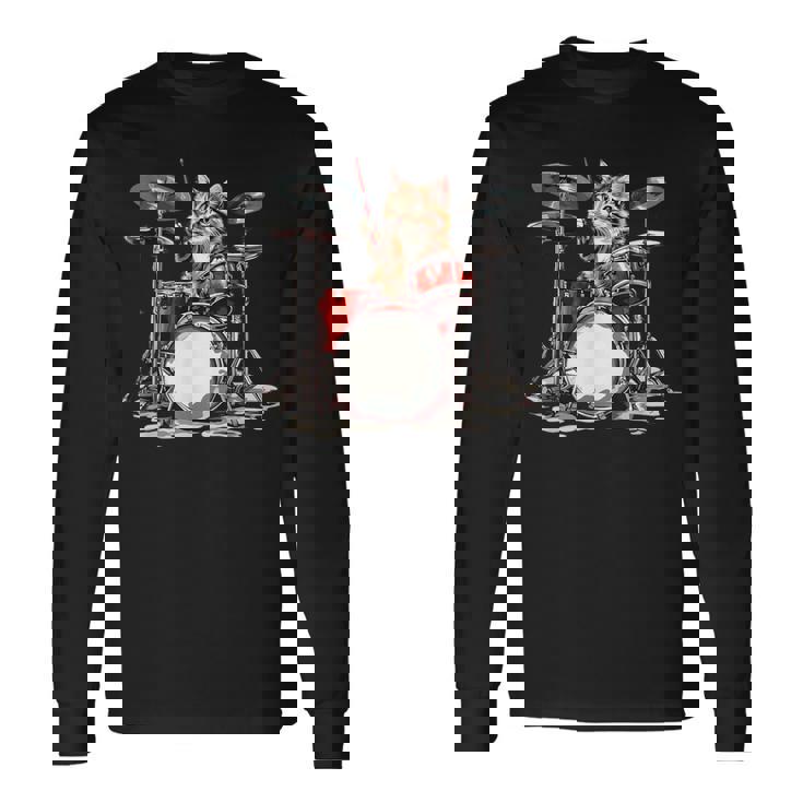 猫太鼓ドラムスティックかわいい猫と音楽 長袖Tシャツ