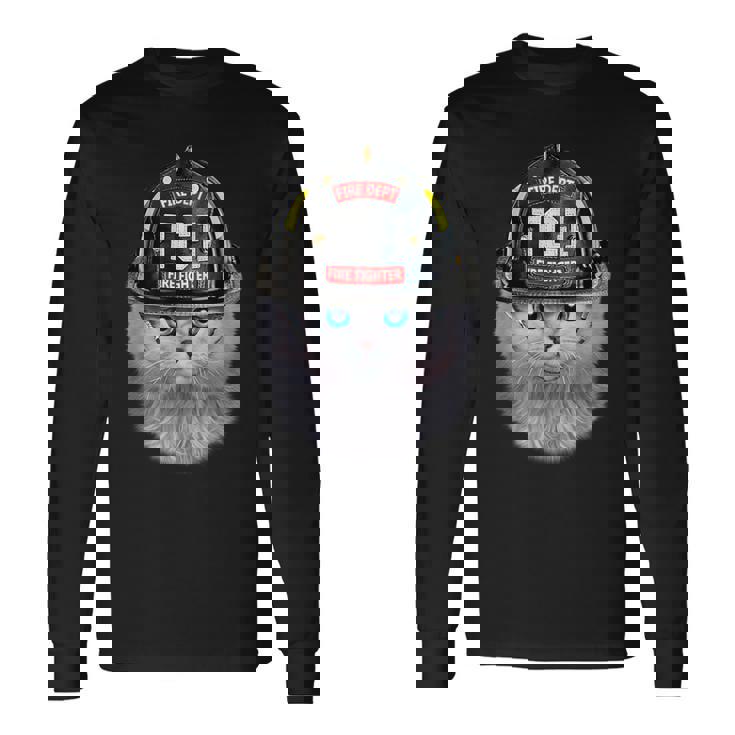 白いペルシャ猫 ねこ 消防士 長袖Tシャツ