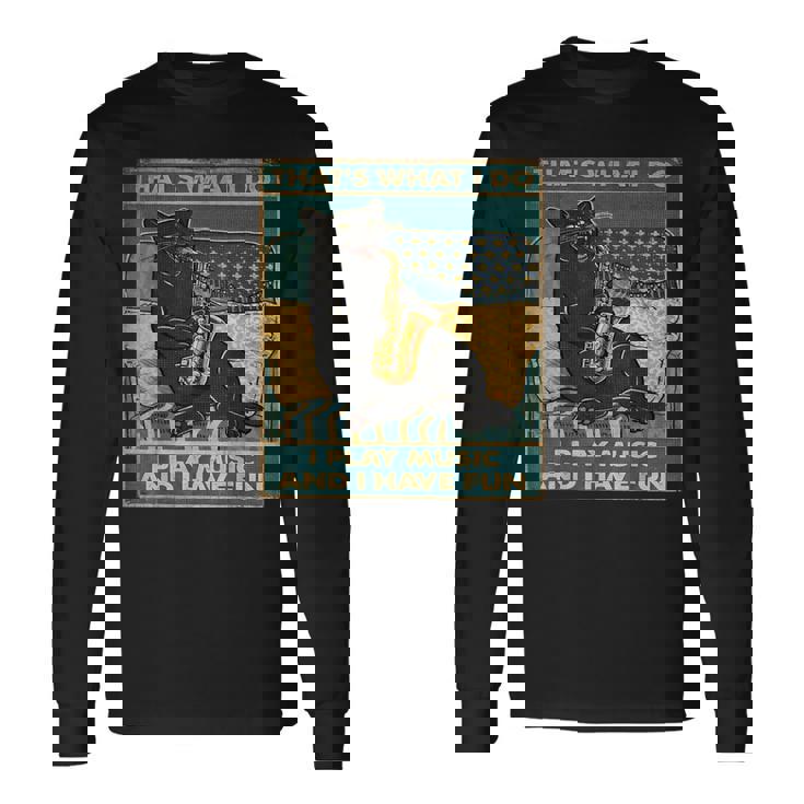 面白い レトロ 猫 演奏 サックス ヴィンテージ 音楽 長袖Tシャツ