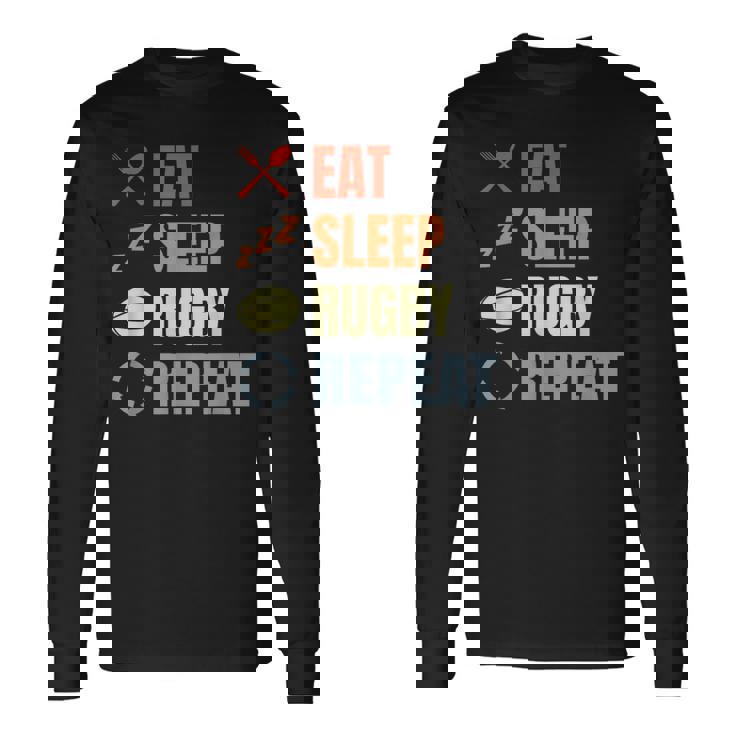 食べる寝るラグビーリピートラグビーコーチチームスポーツ 長袖Tシャツ