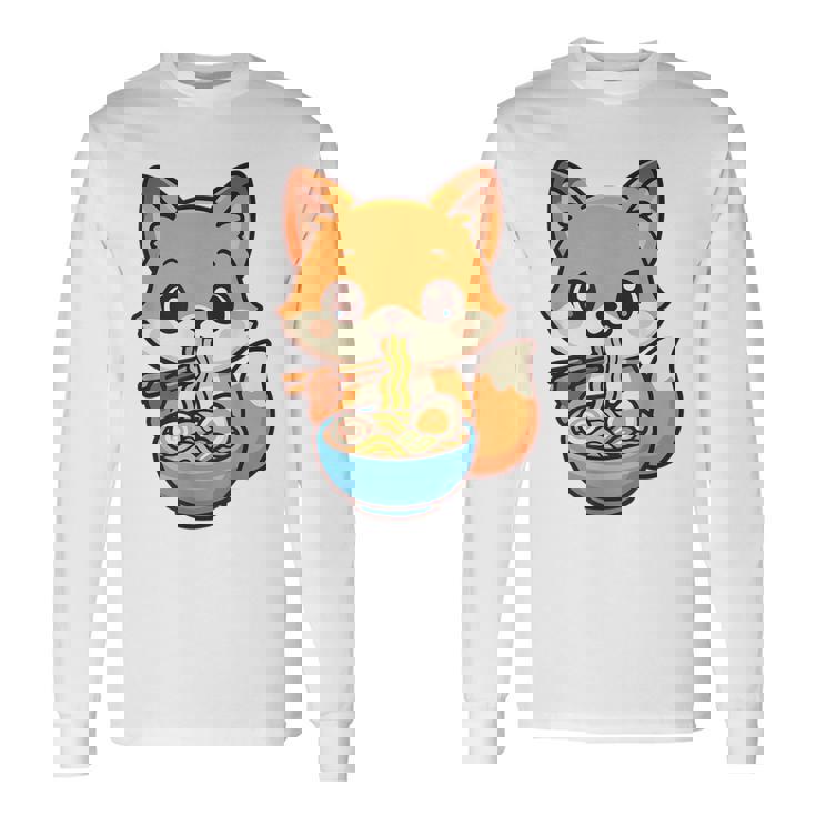 かわいいキツネを食べるラーメンかわいい動物アート 長袖Tシャツ