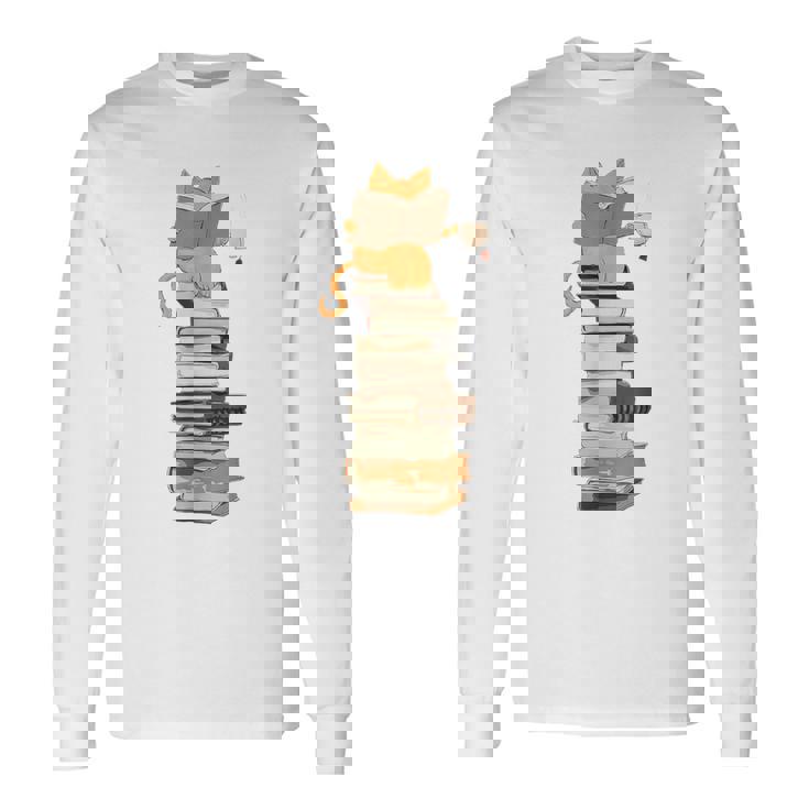 かわいい猫、本好きの猫 長袖Tシャツ