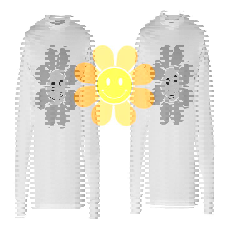 オレンジ70年代レトロファンキーフラワー、イエロースマイルフェイス 長袖Tシャツ