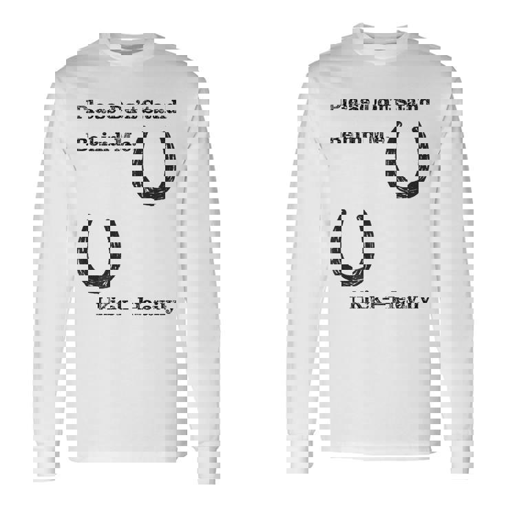 後蹴りに注意 蹄鉄 馬好き 馬術部 キッズ 大人 親子ペア バックプリント 長袖Tシャツ