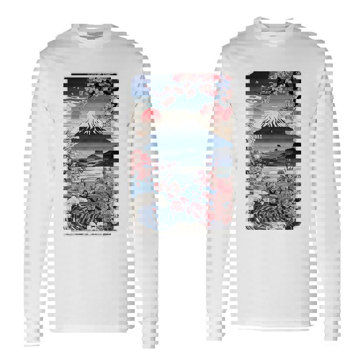 日本の桜庭 芸者 富士山 桜 木 長袖Tシャツ