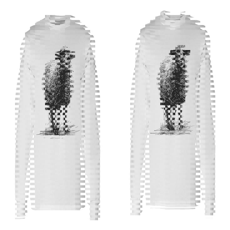 羊 アニマルプリント 動物園 ドローイング アート 絵画 羊 長袖Tシャツ