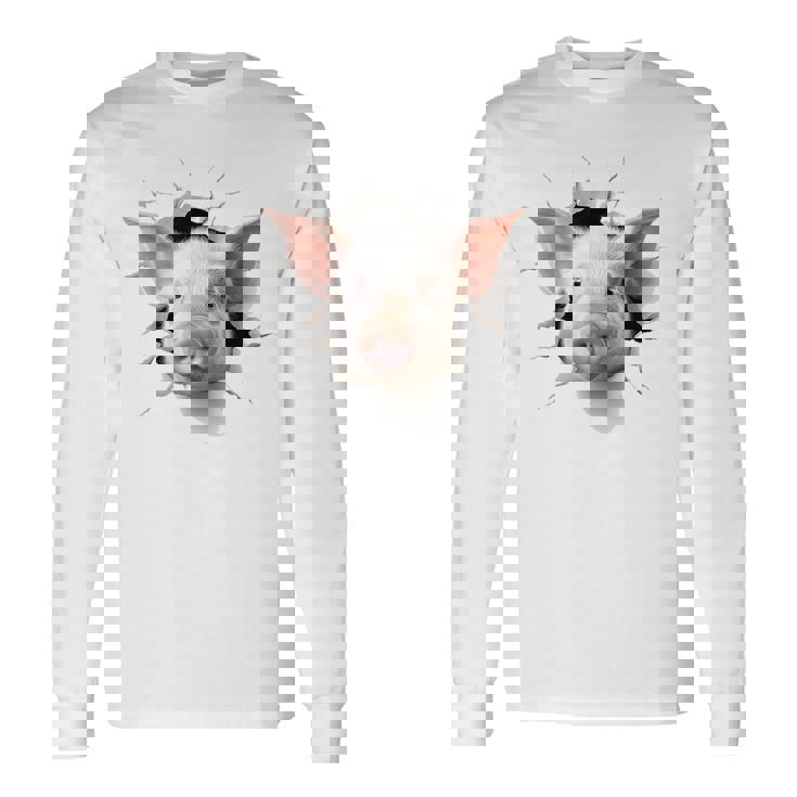 豚 アニマル柄 グラフィック 図面 イラスト 顔 豚 長袖Tシャツ