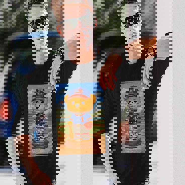 Cool Teddy Bear Baseball Player Illustration Graphic s 長袖Tシャツ 彼への贈り物