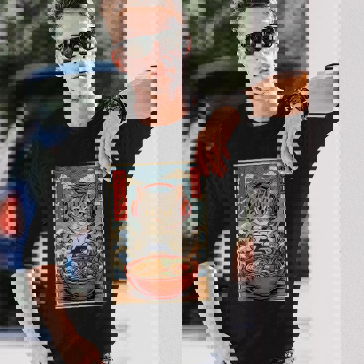 かわいい カワイイ ゲーマー猫 ラーメン ゲーム好き 猫好き向け 面白い デザイン レトロ 和風 日本 アニメ 長袖Tシャツ 彼への贈り物