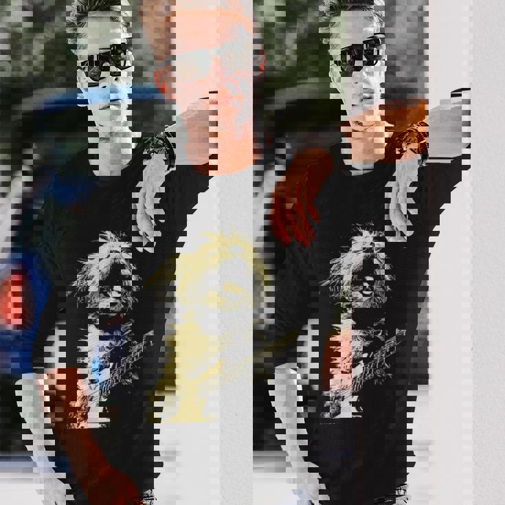 ギターロッカー ギタリスト 動物 パンク グランジ犬とマルチーズ 長袖Tシャツ 彼への贈り物