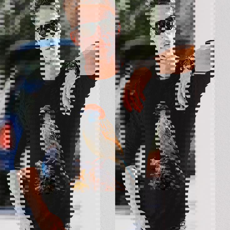 ギフト現実的なスズメ自然木鳥 長袖Tシャツ 彼への贈り物