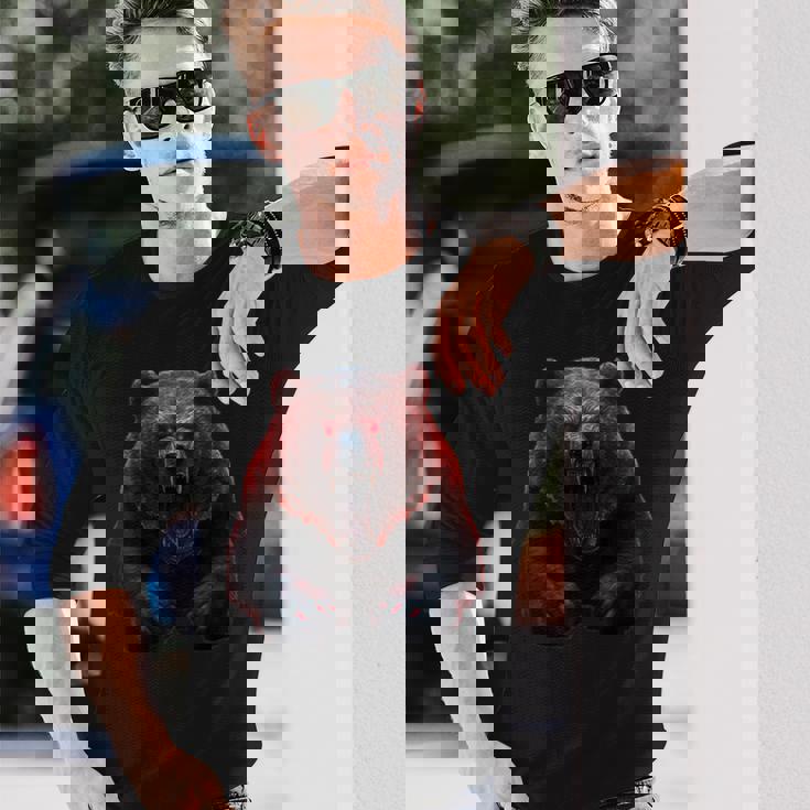 クマ、怒ったグリズリーベア、危険なホラーベア 長袖Tシャツ 彼への贈り物