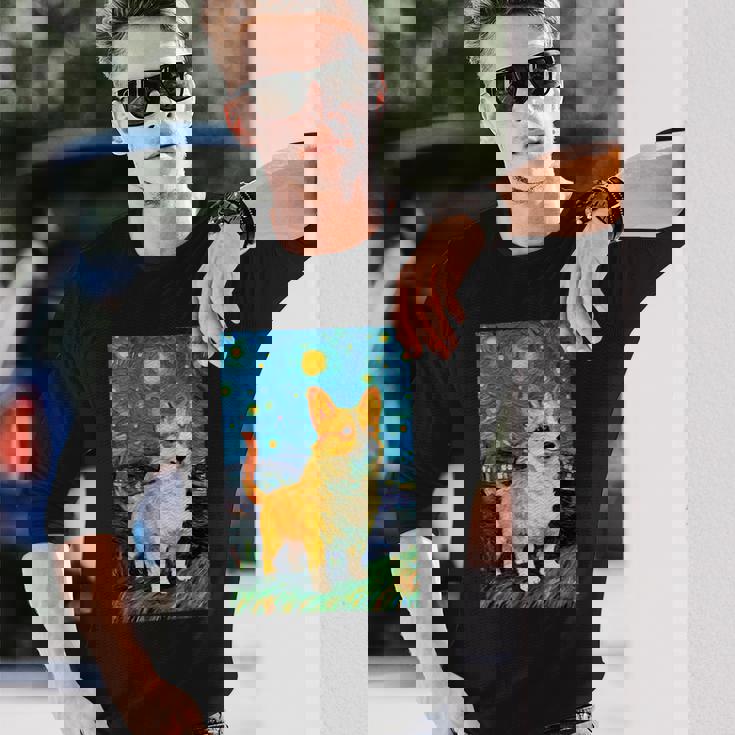 ゴッホ動物アート 動物愛好家のためのかわいいコーギー犬 長袖Tシャツ 彼への贈り物