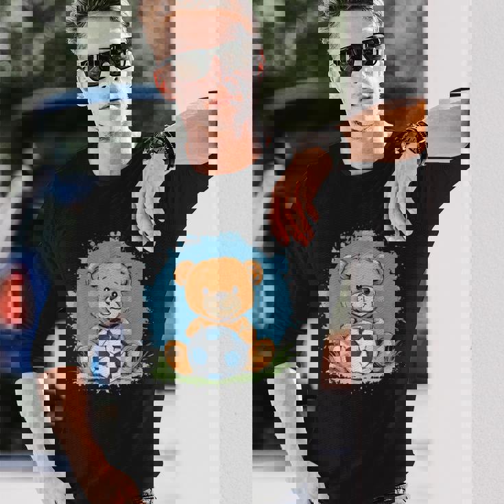 サッカーボール付きのかわいいテディベア 長袖Tシャツ 彼への贈り物