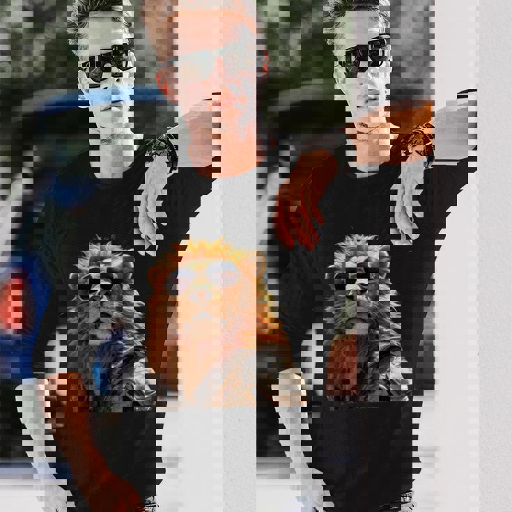 サングラスをかけたライオン 動物大好きライオン かわいいライオン 長袖Tシャツ 彼への贈り物