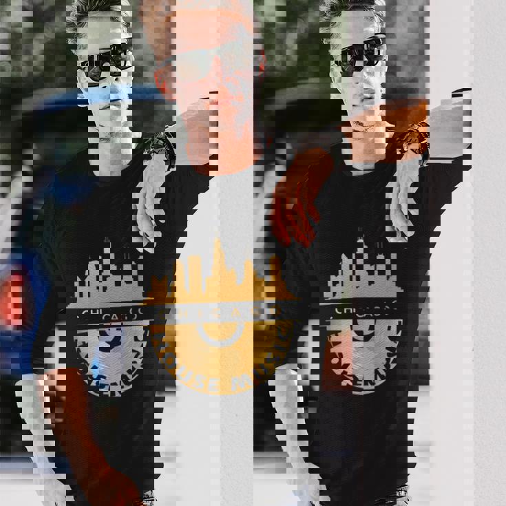 シカゴハウスミュージックシティスケープビニールレコードレイブテクノ Edm 長袖Tシャツ 彼への贈り物