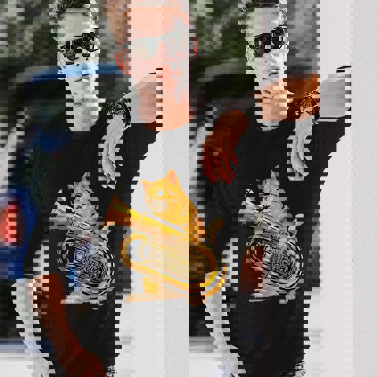 チューバを弾く面白い猫ギフト かわいい子猫ミュージシャンファン 長袖Tシャツ 彼への贈り物