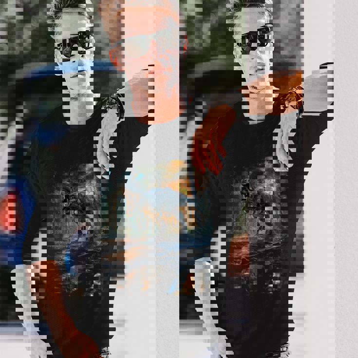 ティレックス 夜に吠える恐竜 リアルなグラフィックデザイン 長袖tシャツ 長袖Tシャツ 彼への贈り物