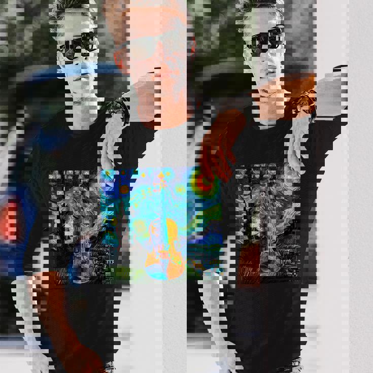 バイオリン 楽器 面白いtシャツ ゴッホ 星月夜 かわいい メンズ 子供 おもしろ 服 グッズ ネタ 音楽 長袖Tシャツ 彼への贈り物