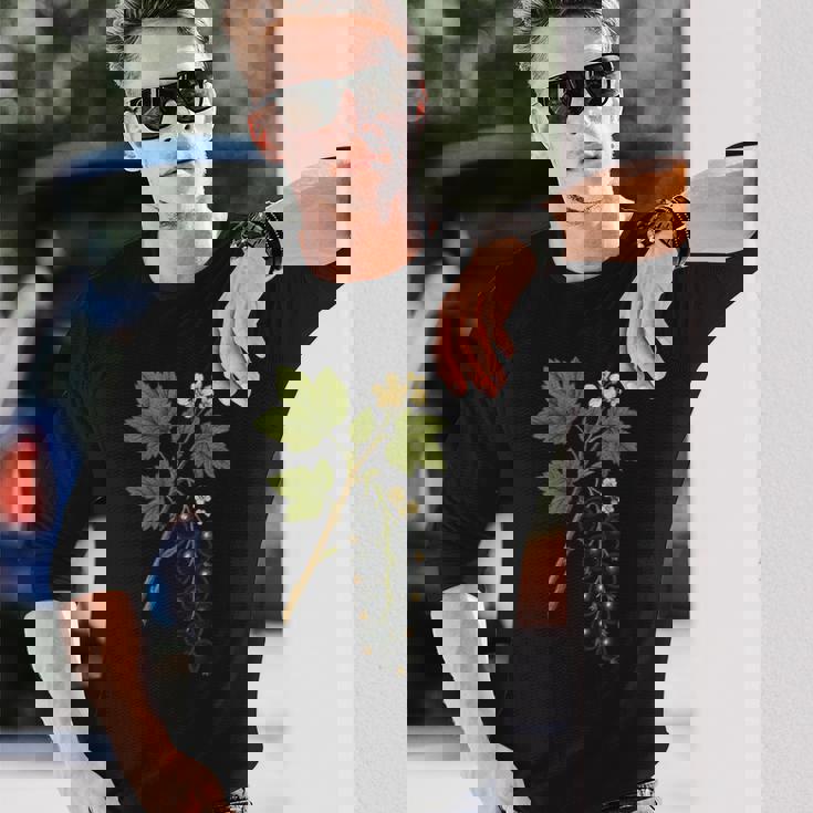 ビンテージボタニカルブラックカラント自然アートプリント 長袖Tシャツ 彼への贈り物