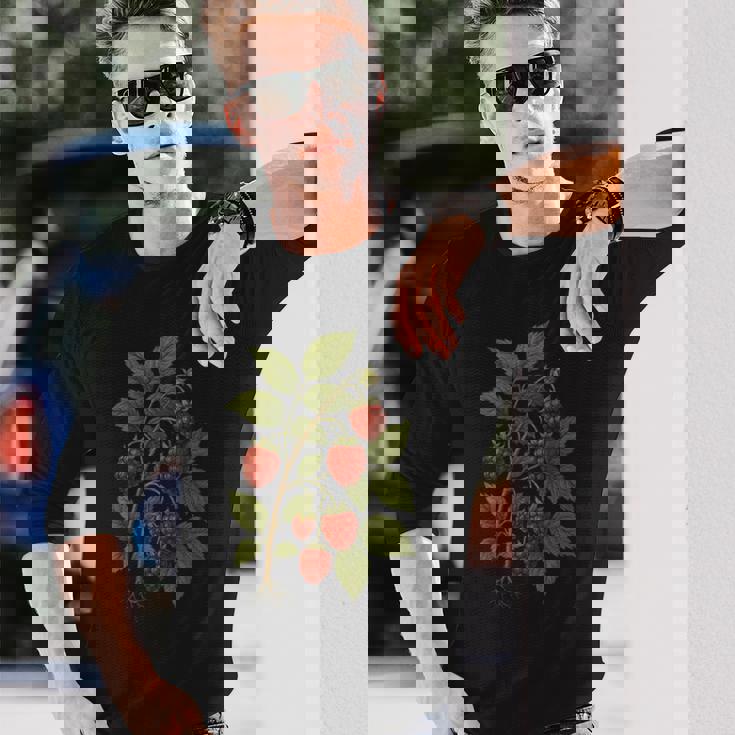 ビンテージボタニカルラズベリー自然アートプリント。 長袖Tシャツ 彼への贈り物