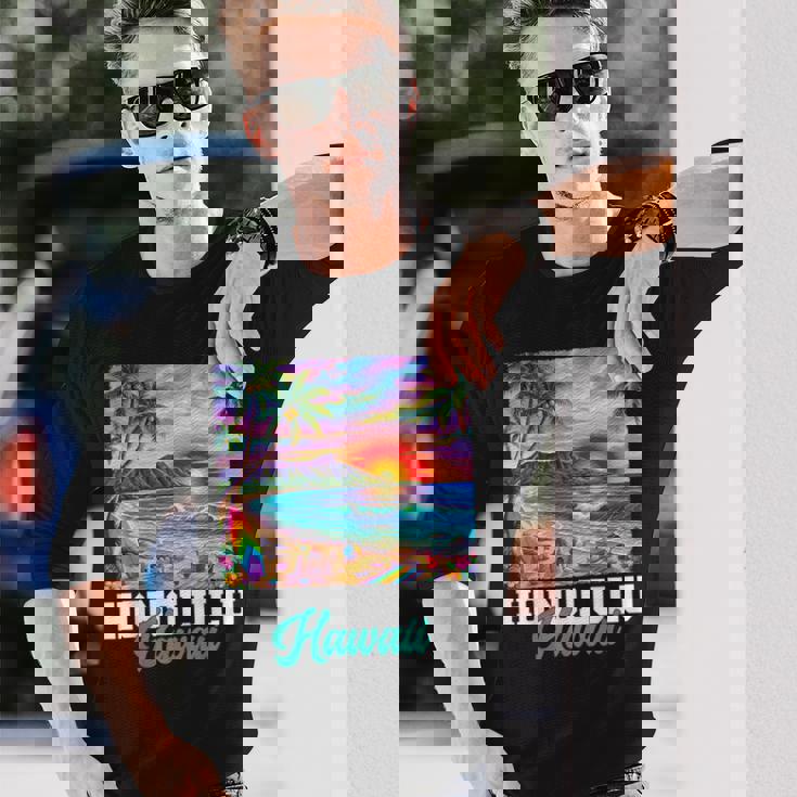 ホノルル ハワイ ハワイアン 波 ビーチ 夏 サーフィン レトロ 長袖Tシャツ 彼への贈り物