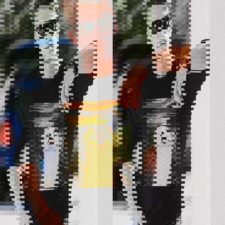 ポメラニアン 面白いtシャツ 犬 ムンクの叫び かわいい メンズ 子供 おもしろ 服 グッズ ネタ わんこ 長袖Tシャツ 彼への贈り物