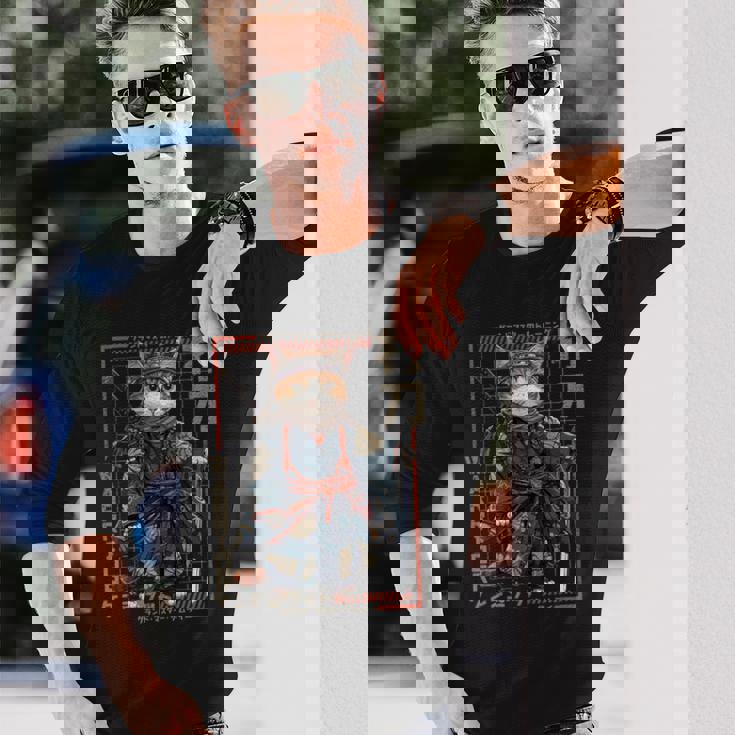 レトロな侍猫 戦士の猫 長袖tシャツ 長袖Tシャツ 彼への贈り物