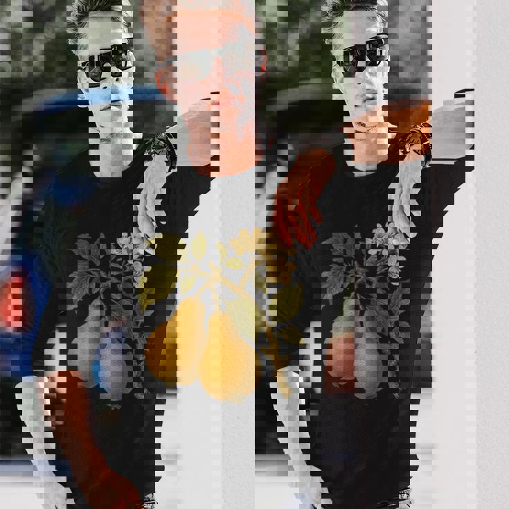 ヴィンテージボタニカル梨アートプリント 長袖Tシャツ 彼への贈り物