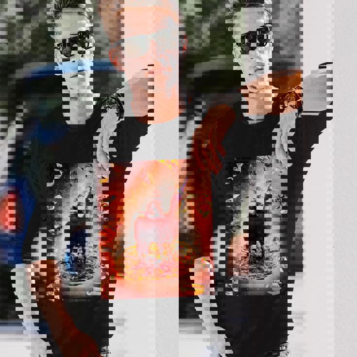 宇宙 猫 ライディング ラマ ユニコーン ピザ 長袖Tシャツ 彼への贈り物