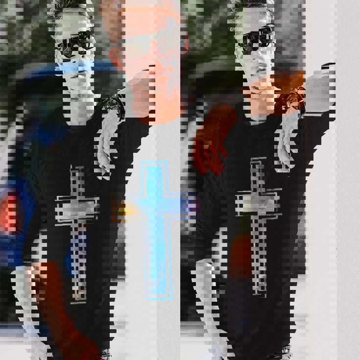 宗教のシルエット 信仰 水彩 キリスト教 十字架 長袖Tシャツ 彼への贈り物