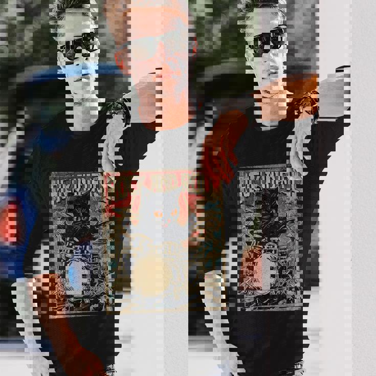 猫 演奏 ドラム ロック オン ヴィンテージ ロック ドラマー 猫 長袖tシャツ 長袖Tシャツ 彼への贈り物