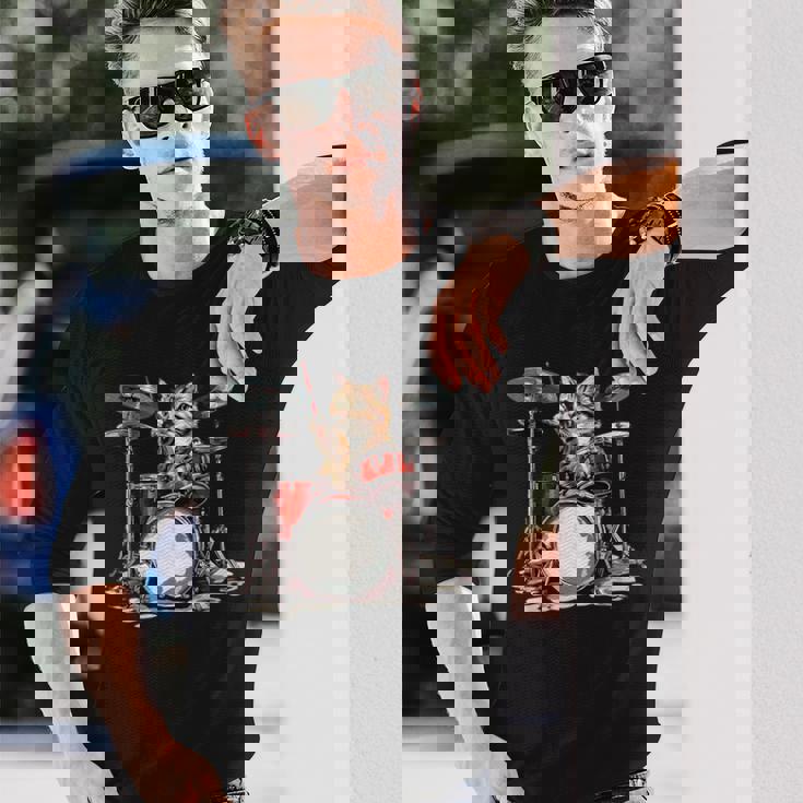 猫太鼓ドラムスティックかわいい猫と音楽 長袖Tシャツ 彼への贈り物