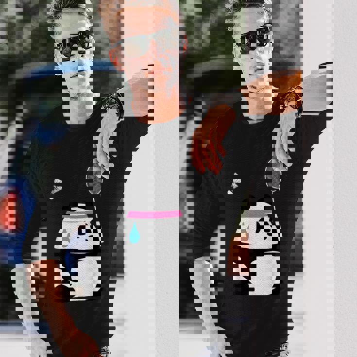 疲れきったバドミントンパンダ 面白いかわいいシャトルコック動物 長袖Tシャツ 彼への贈り物