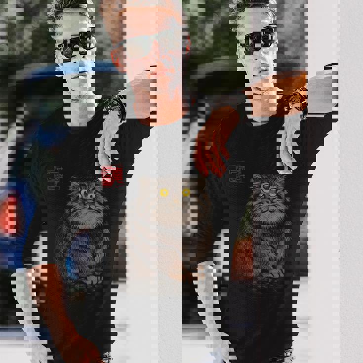 禅 マヌルネコ（パラスキャット）墨絵に着想を得たミニマルアニマルアート 長袖Tシャツ 彼への贈り物