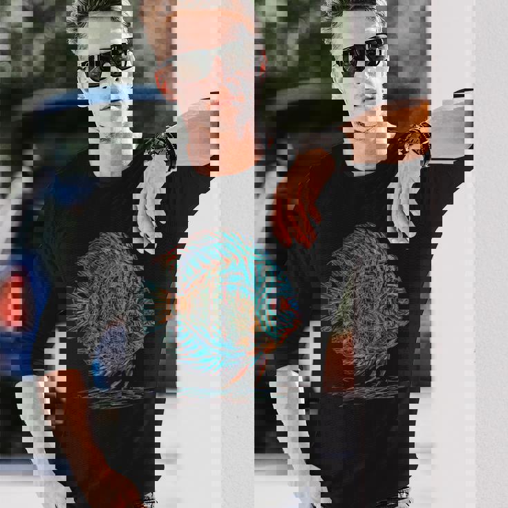 青 円盤魚 アクアリウム フィッシュキーパー 長袖Tシャツ 彼への贈り物