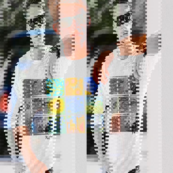 ひまわりと星月夜のゴッホ絵画コラージュ 長袖Tシャツ 彼への贈り物