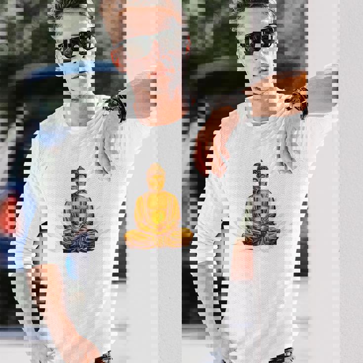 ブッダ 国際ヨガデー バックプリント 長袖Tシャツ 彼への贈り物